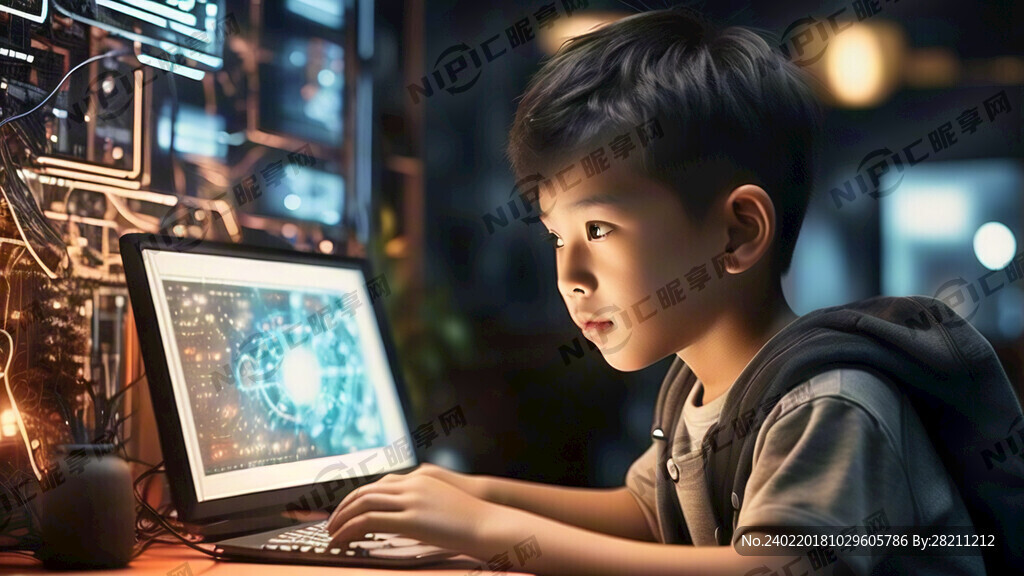 科技场景 东方面孔男孩与电脑