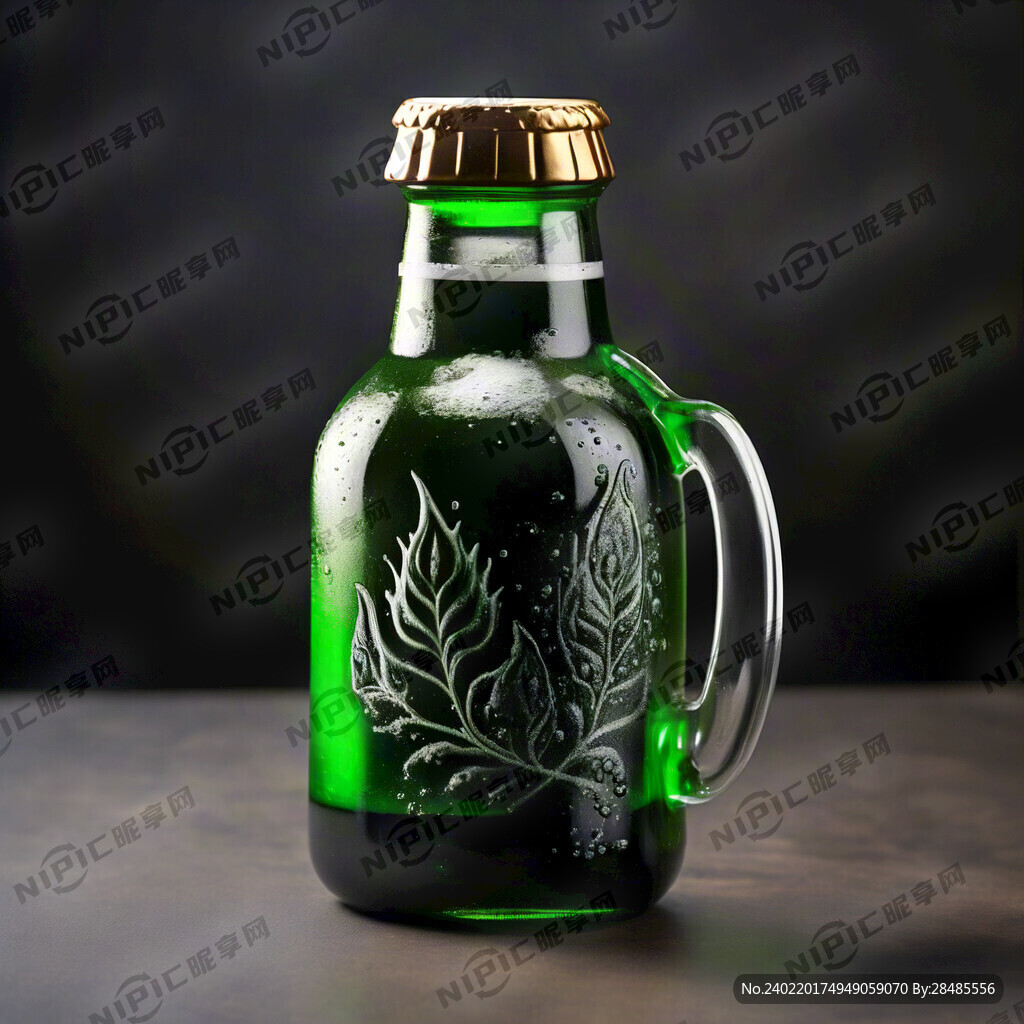 带啤酒泡沫的绿色啤酒瓶