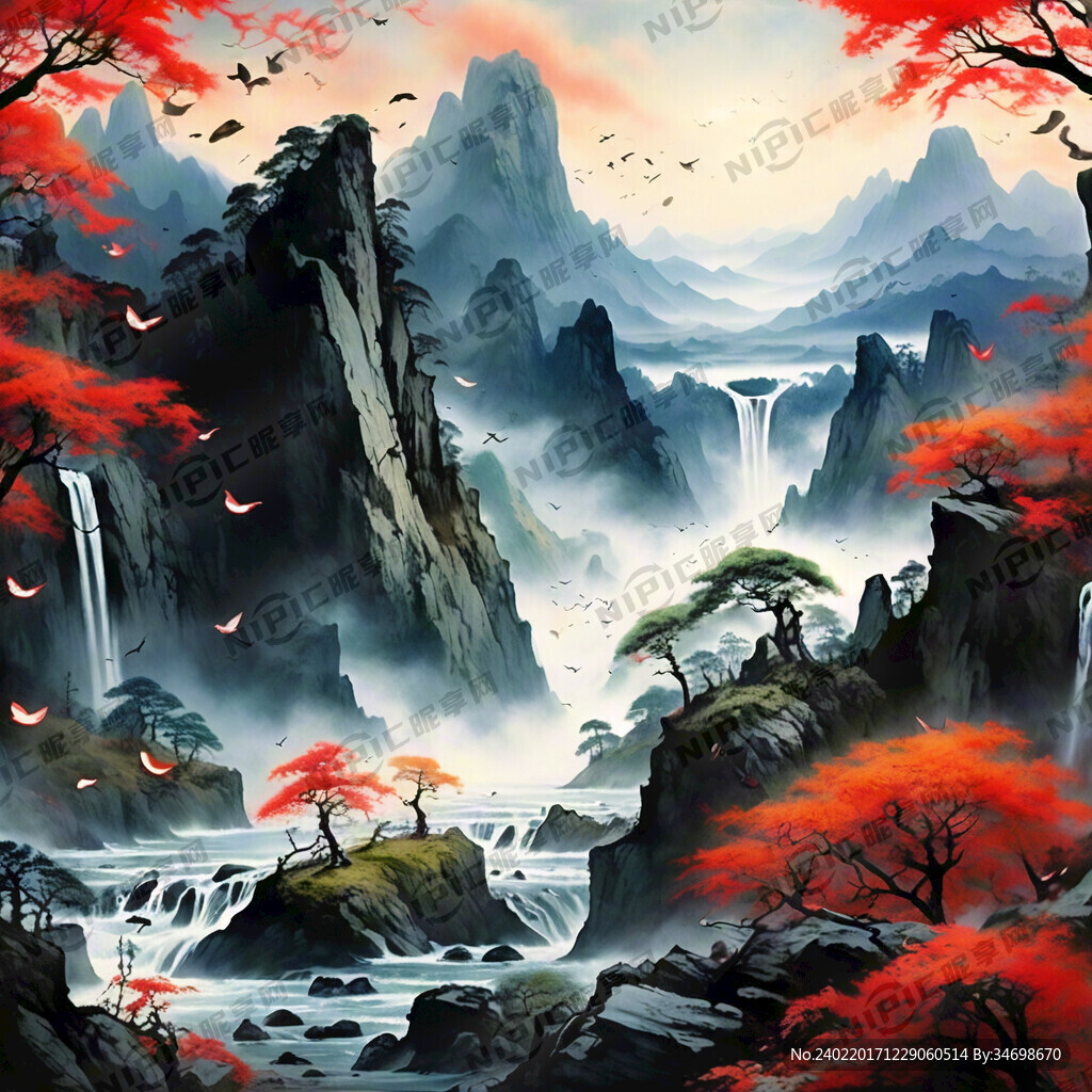 山谷 中国风 中国画 山水