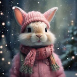 粉色的兔子 戴着毛线帽子 围着毛线围巾 很可爱  下雪天梦幻场景