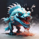 梦幻场景水墨画 蓝色的龙头鱼身 背景是白色 可爱的造型 嘴里吐着烟雾的泡泡