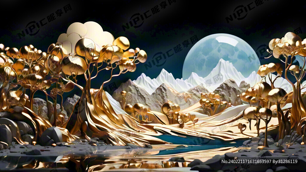 金色山水 树木 远景
