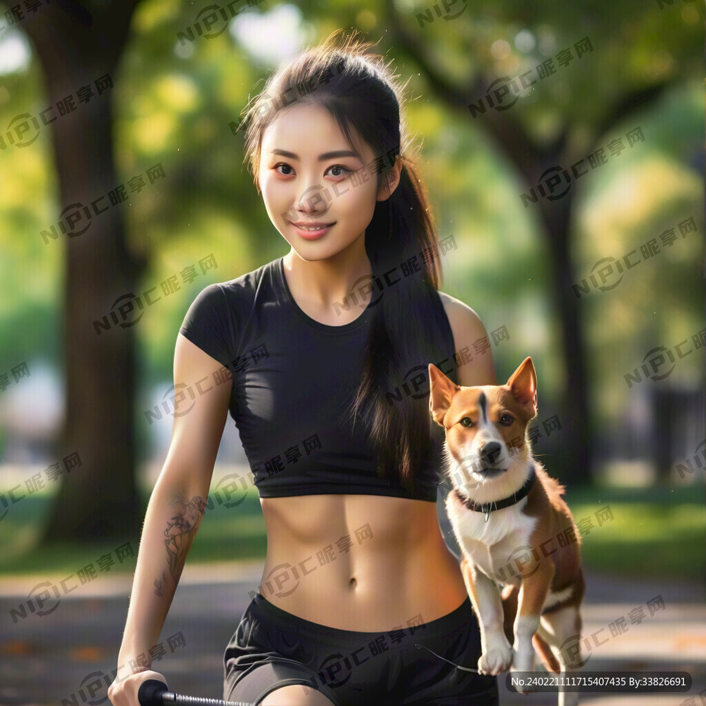 一个健身美女 在公园遛狗