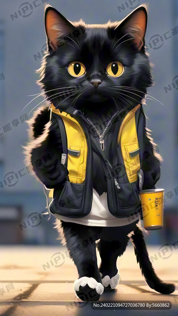 一只黑猫 背着黄色的书包
