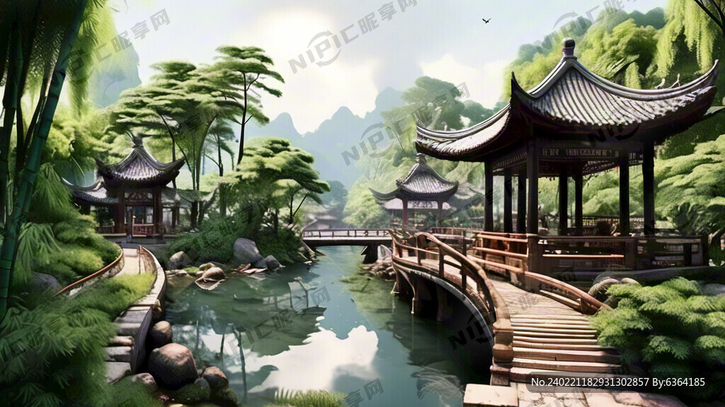 竹林山水 亭子 小桥