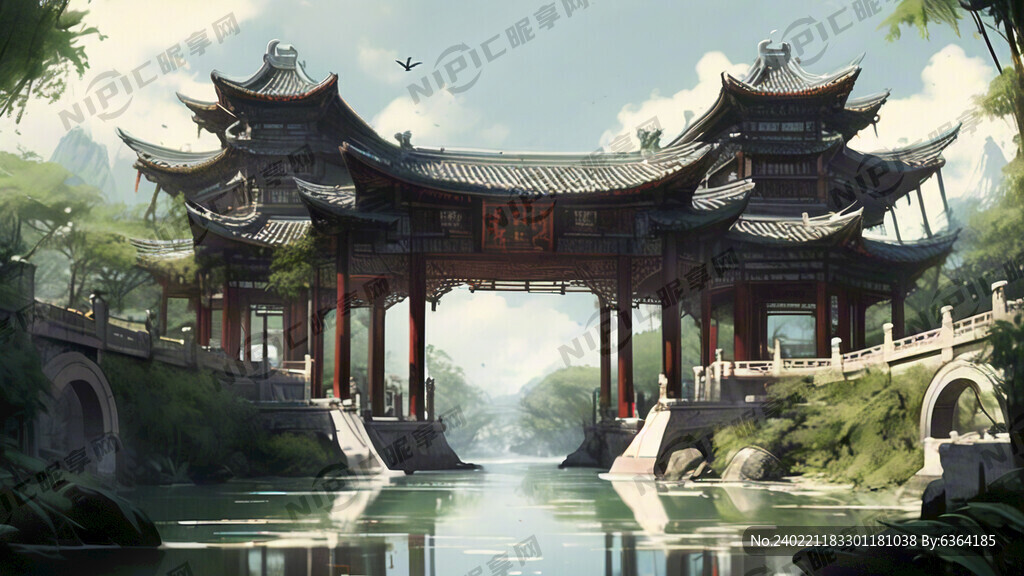 竹林山水 亭台楼阁 拱桥流水