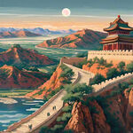 北京长城，超大广角，俯视视角，长河落日圆，绿洲，塞外奇特壮丽的风光，画面开阔，意境雄浑，构图层次丰富，恢宏叙事