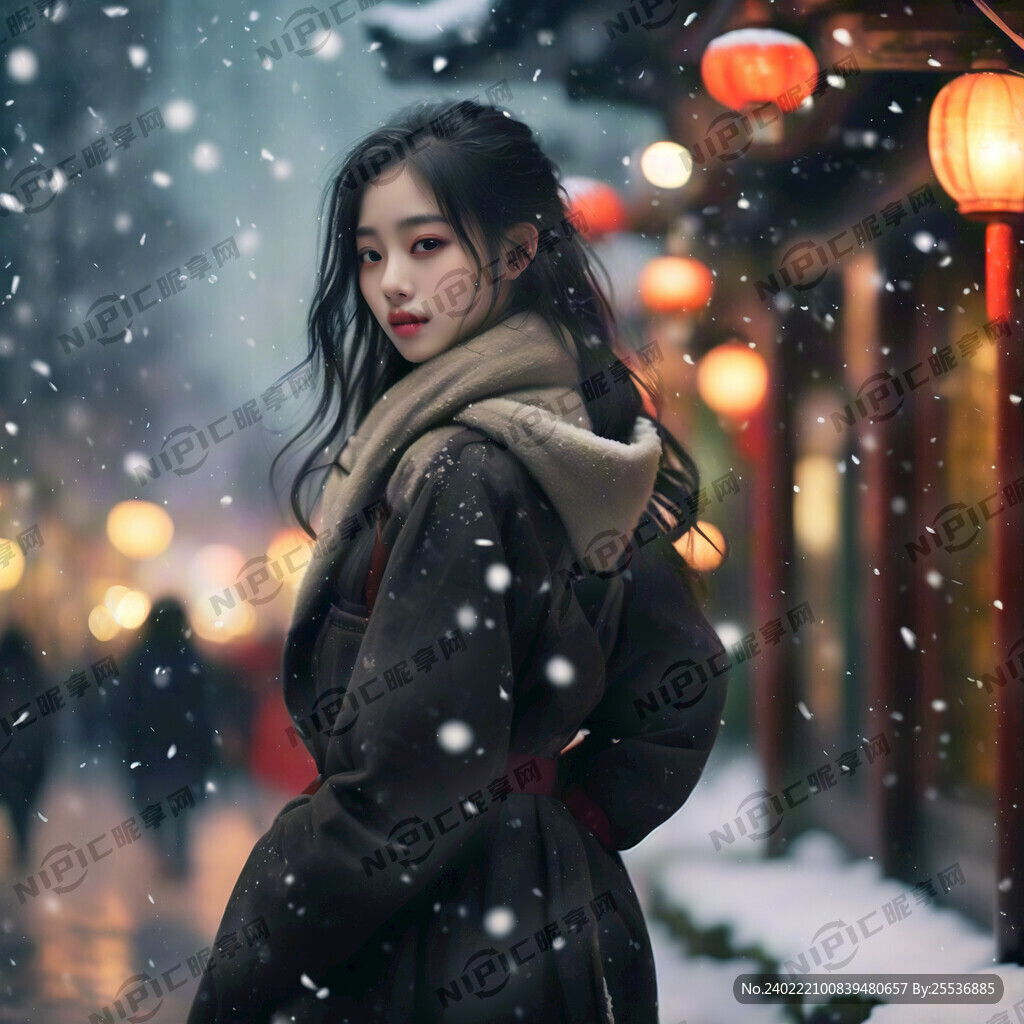 下雪独自一人的女性背影 唯美