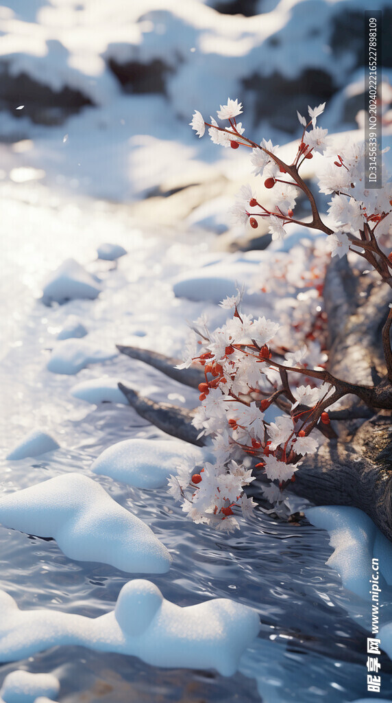 雪地红花冰花风景