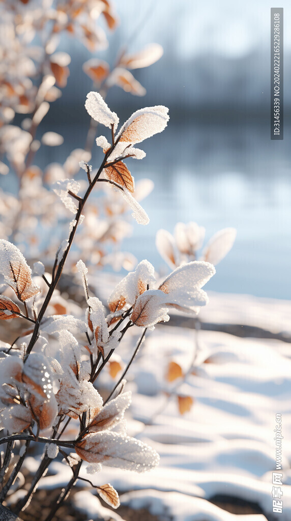 雪地冰叶子冰花风景