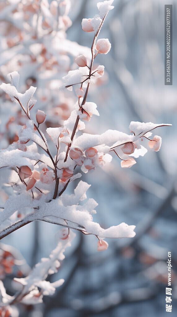 雪地粉色果子下雪风景