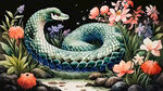 蛇，草地，水彩卡通中国风，齐白石风格