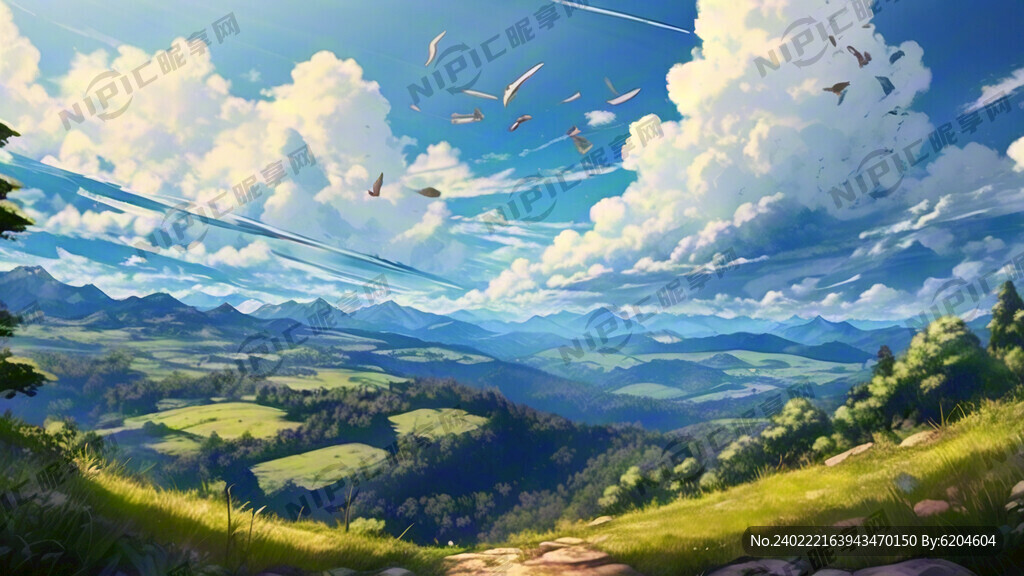 蓝色天空 晴天 山林 二次元