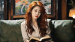 像韩国女星洪真英红头发坐在沙发上看书