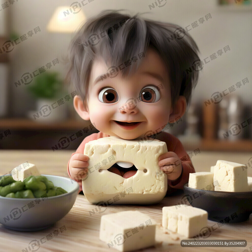 吃白豆腐的卡通小孩子
