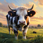 母奶牛吃草，草地，天空，太阳