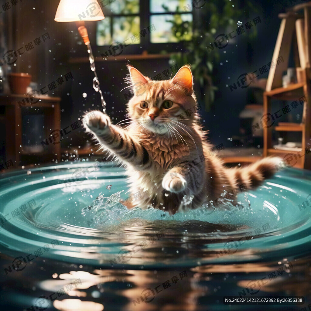 有一个猫在玩水