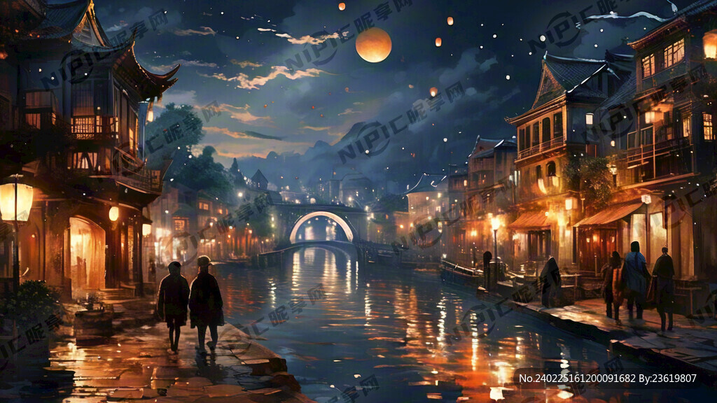 夜晚 温暖的灯光  古镇  