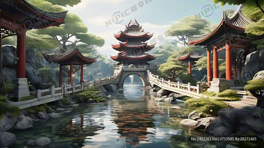 仙堂风景亭台楼宇无活物 有桥