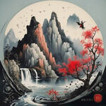 富水临山商标，有山有水。颜色黑白灰为主，加点红色。