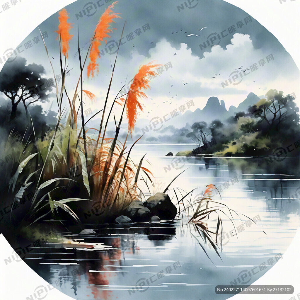 水边芦苇 有水墨山水