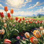 梦幻，平原草地，植物丰茂的春天，郁金香盛开，自然风光，阳光明亮，天空晴朗，细节丰富