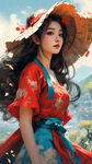 春天 蓝色透亮的天空 远处山水如画 画中穿着红裙的女人 带着遮阳帽 微风吹起衣裙