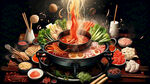 海报 背景是火锅和菜品 构图层次丰富 影棚光