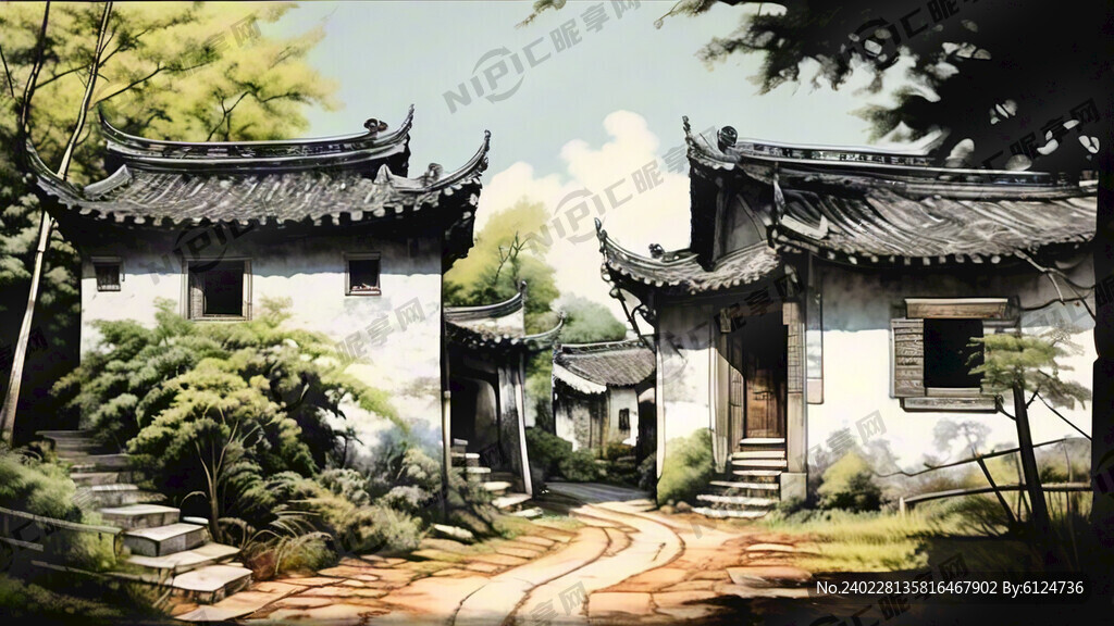 徽派乡村 线条画