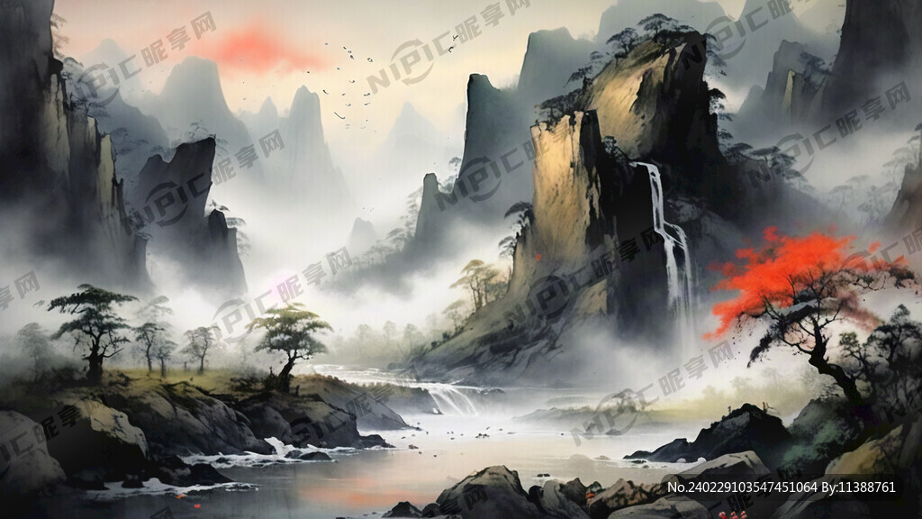 山谷 中国风 中国画 山水