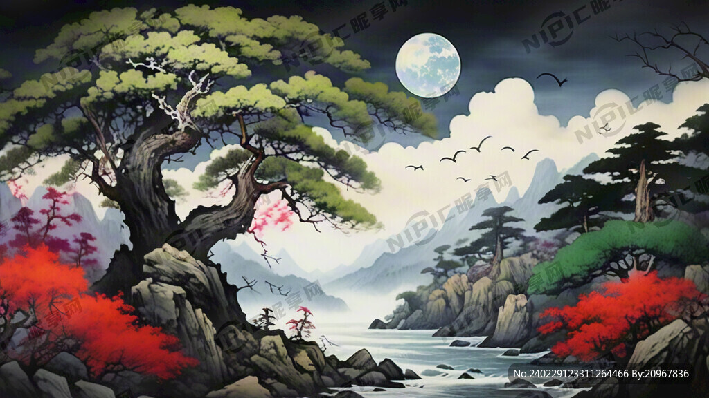 迎客松加上一点水墨风格