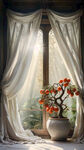 窗口 阳光照射进来白色窗帘优美  窗台边上放着一盆柿子的盆栽 ，画面优美生动灵力