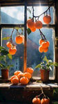 柿子植株  晶莹剔透  落地窗  阳光照射进来
唯美温馨