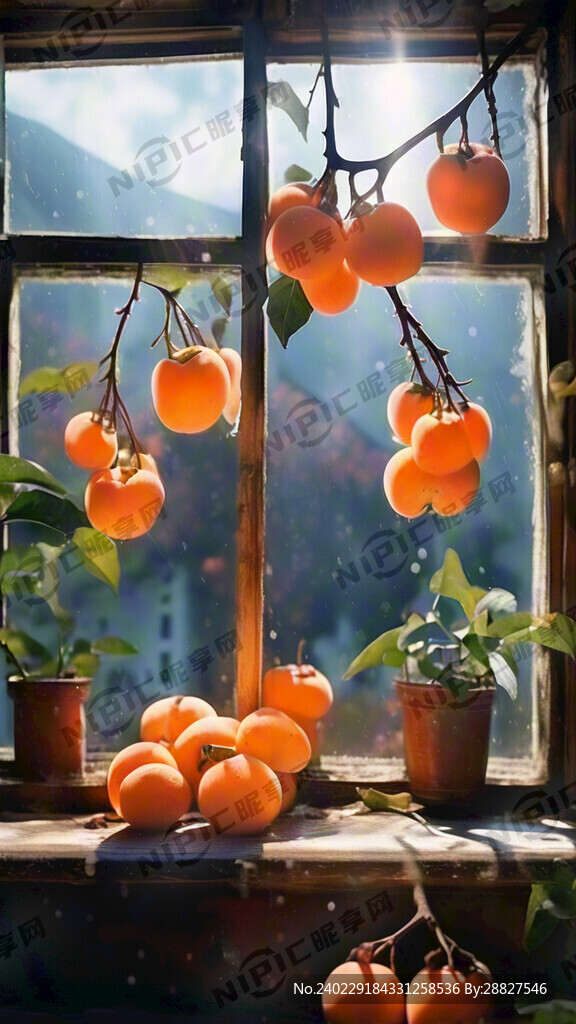 柿子植株 晶莹剔透 落地窗