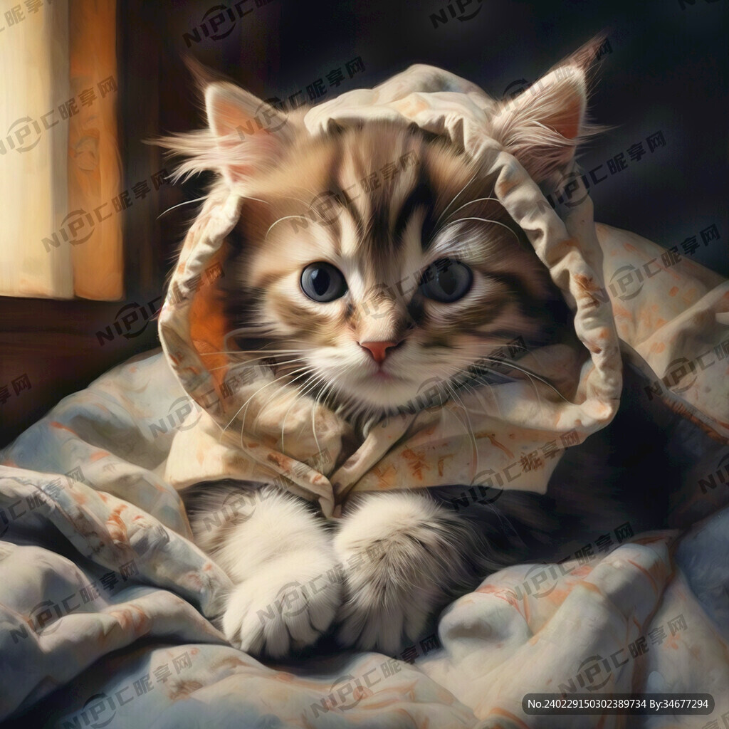 小猫躺在温馨的床上披着被子