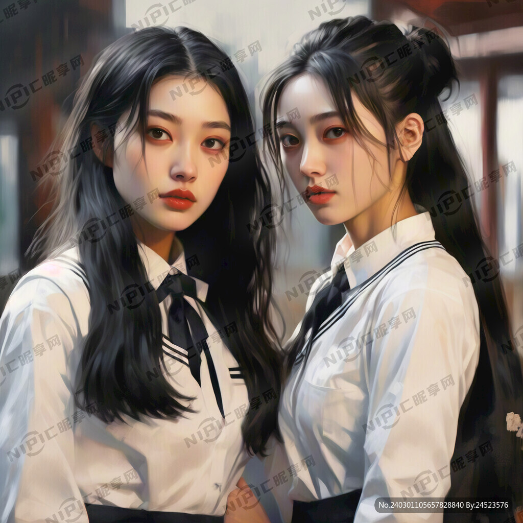 两个黑发女人身穿白色校服牵着手