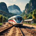一列通往老挝的复兴号高铁，从远处飞驰而出，高铁周围都矗立着南亚东南亚的标志性建筑。