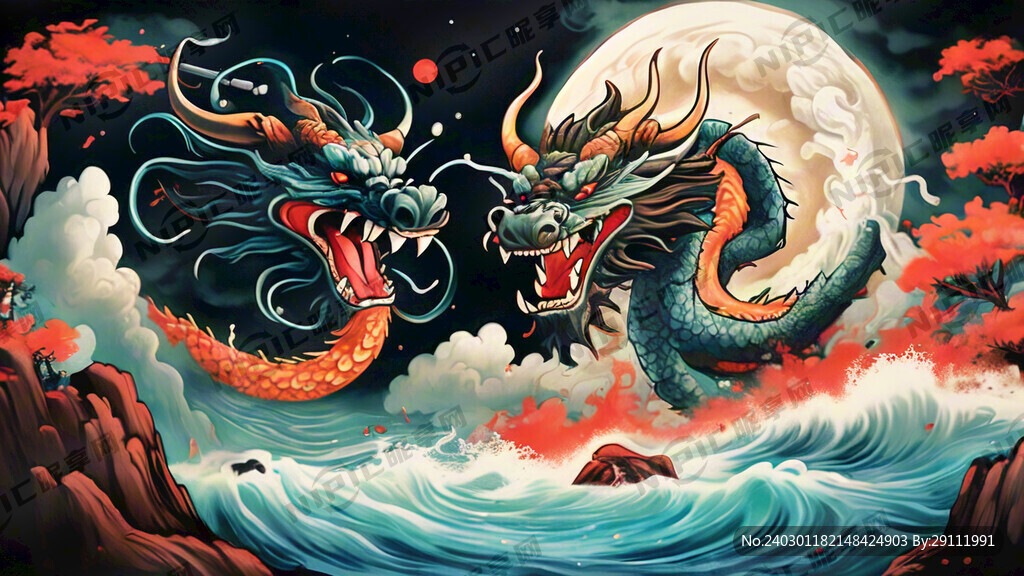龙腾四海手绘插画