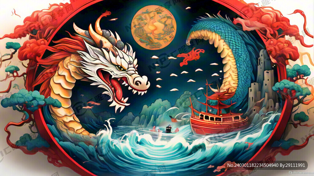 龙腾四海手绘插画