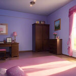 二次元卡通可爱公主房间，粉色调，正面，左右窗户，粉地板，床，柜子，桌子，超高清细节