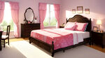 二次元卡通可爱公主房间，粉色调，正面，床左右是窗户，阳光撒进来，粉地板，床，柜子，桌子，亮光