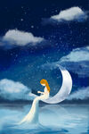 梦幻星空月亮上的女孩插画