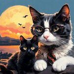 一只戴眼镜的黑猫和一只嘴唇带痣的布偶猫依偎在一起看落日