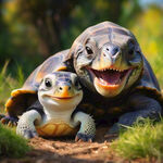 一只小乌龟和企鹅笑哈哈躺在草地上