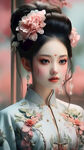 茶饮图片，中国风，人物脸部精致，精致的发饰，穿着精美华丽的粉白色古装，