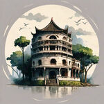 广西梧州骑楼，手绘，突出骑楼标志性建筑，壮丽风光 ，山水祥云