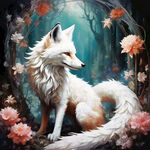 白色狐狸，九条尾巴，仙境，高级，意境，花