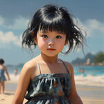 黑头发的小女孩，扎着丸子头，一双蓝色的眼睛，穿着小裙子在沙滩玩