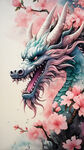 画一只粉色的，中国特色的，卡通的龙， 配上桃花点缀，透明背景
