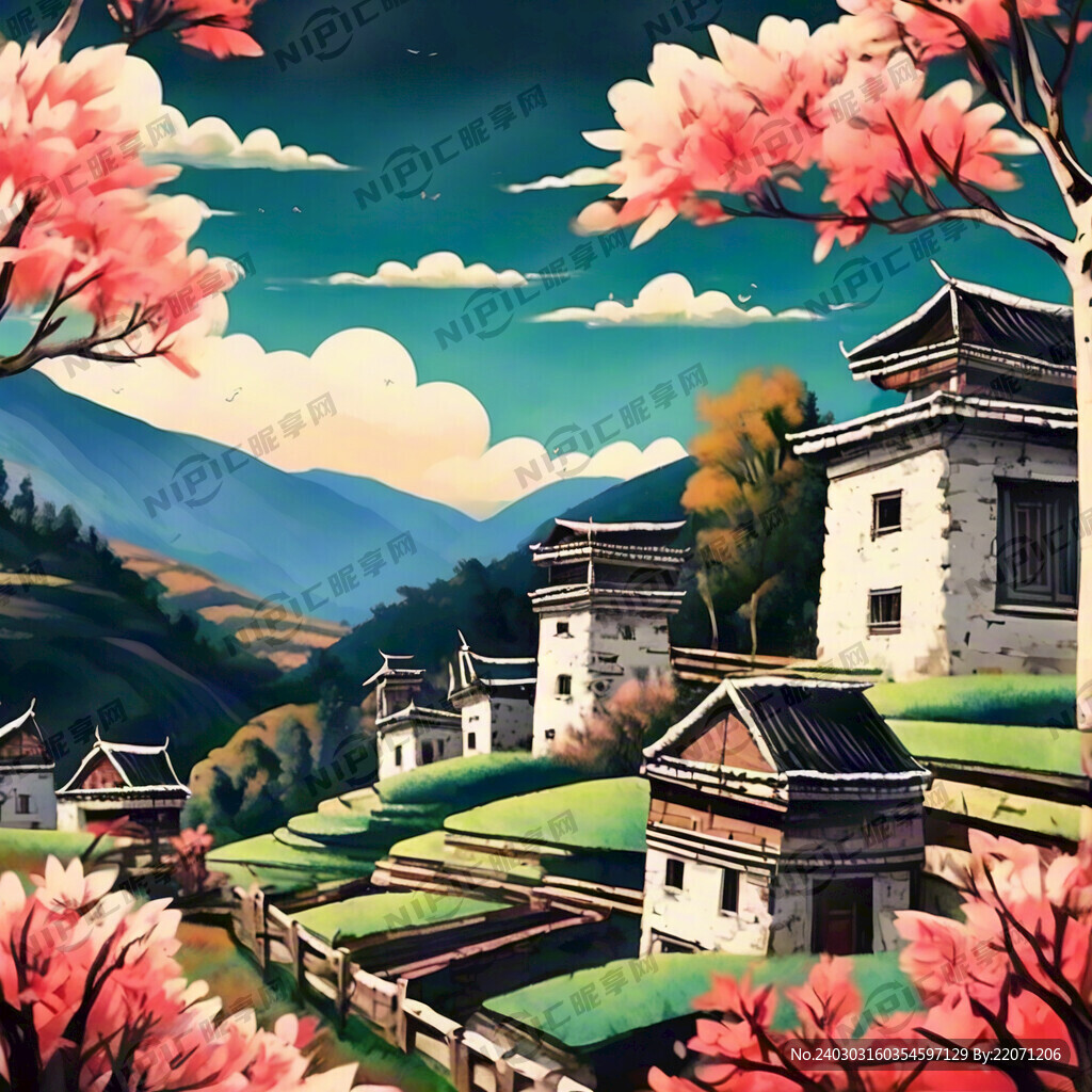 哈尼族梯田 插画风格 春天景色